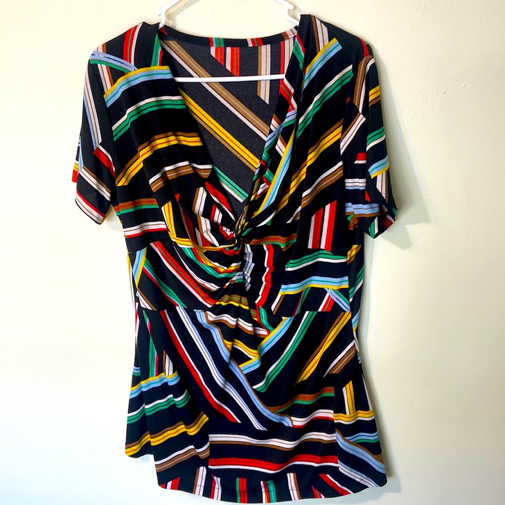 70’s Inspired Twist Top in Multicolored on Black Background, Lightweight Poly